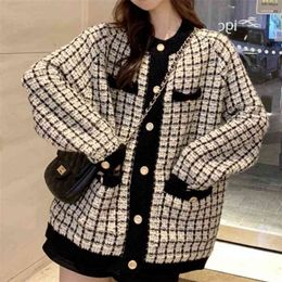 [EWQ] Autumn Sweater Coat Retro Shirt Check Long Sleeve Single Breasted Plaid Loose Knit Cardigan Ladies QB321 210917