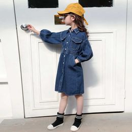2020 Spring Fall Girls Denim Dress Female Kids Fashionable Long Sleeved Casual Denim Dresses Children's Clothes One Piece X82 Q0716