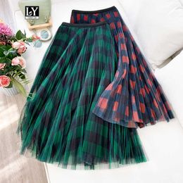 Ly Varey Lin Spring Tulle Skirt Women Vintage Plaid High Waist Ball Gown s Female Retro Elegant Mid-calf Party 210526