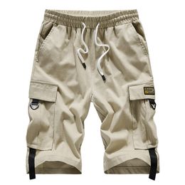 Men's Large Size Shorts Streetwear Black Summer Cotton Side Pocket Breeches Male Elastic Waist Band Casual Cargo Men 210714