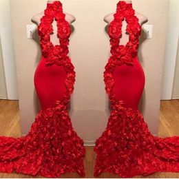 Design Halter Red Mermaid Prom Dresses Appliques Sexy Formal Evening Dress Sweep Train Satin Fashion Cocktail Party Gowns