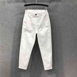 Spring Summer Women Ankle-length Pants Plus Size Solid Cotton Denim Loose Harem White Black Elastic Waist Jeans M-3XL D68 210809