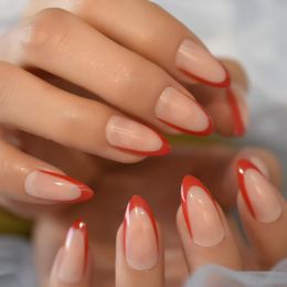 french red nails Australia - False Nails Nude Color Press On Artificial Red Border French Professional Nail Tips Medium Stiletto Fake