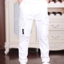 4-18T Boys Casual Cargo Pants Spring Autumn Big Pockets Black White Khaki Trousers For Students High Quality 220222