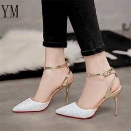 2020 Elegant Crystal Pointed Toe Wedding Shoe Women's Pumps Solid Flock Fashion Buckle Shallow High Heels Shoes for Women Hot X0526