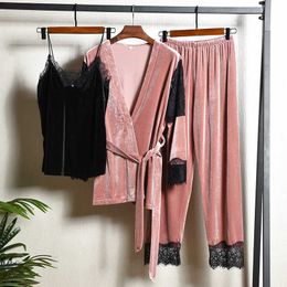 Sexy Lace Patchwork Women 3PCS Pyjamas Suit Velvet Kimono Gown Soft Bathrobe Nighty&Robe&Pants Set Sexy Sleepwear Nightgown Q0706