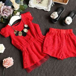 Arrivals Summer Children Sets Short Sleeve Lace Dresses Red Solid Shorts Cute 2Pcs Girls Clothes 2-7T 210629