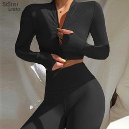 Sisterlinda Winter Women 2Two Piece Set Long Sleeve Crop Tops Tshirt Leggings Pants Suit Bodycon Sport Fitness Tracksuit Outfits Y0625