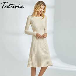 Women Knee Length Casual Winter Sweater Dress Elegant Long Knitted for Sleeve 210514