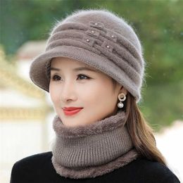 Women Winter Hat Outdoor Keep Warm & Scarf Set Add Fur Lined s For Casual Rabbit Knitted Bucket 211229