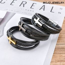 Multilayered Braid Black Leather Stainless Steel Cross Charm Bracelet Jewelry for Lovers Gift