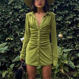 Spring Pleated Bodycon Dresses For Women Elegant Lapel Buttons Party Street Casual Long Sleeve Cardigan Mini Dress Female Summer 210522