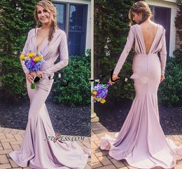Pale Pink Mermaid Country Bridesmaid Dresses with Long Sleeves Backless Pleated Summer Holiday Maid Of Honor Wedding Party Gown