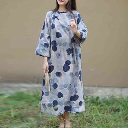 Johnature Women Vintage Cotton Dresses O-Neck Long Sleeve Loose Robes Spring Print Dot Female Clothes Button Dresses 210521