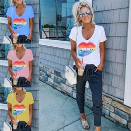 Women Summer Tops Tshirts Sexy Color Lips Painted T Shirt Cotton Short Sleeve Brand Fashion Round Neck Tshirt Plus Size 210517