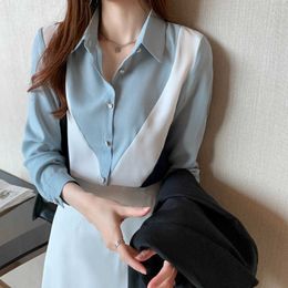 Korean Women's Tops and Blouses OL Style Loose Blouse Women Shirts POLO Collar Long Sleeve Patchwork Casual Tops Clothing 210604