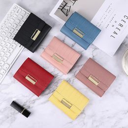 Fashion Small Wallet Women Short Three Fold Wallet Simple Solid Color Student Buckle Zipper Coin Leather Purse