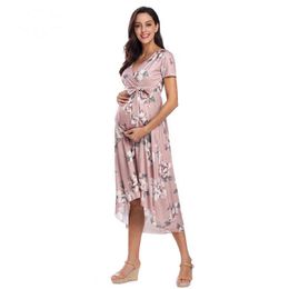 Women High-Low Surplice Wrap Maternity Dress with Waist Belt Floral Print V Neck Knee-Length Dress For Baby Shower Daily Wearing G220309