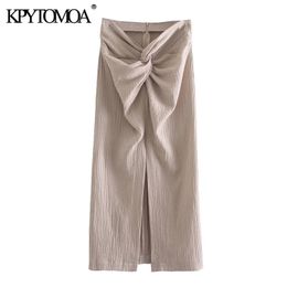 KPYTOMOA Women Chic Fashion With Knot Front Vents Midi Skirt Vintage High Waist Back Zipper Female Skirts Mujer 210708