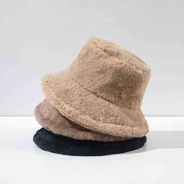 Fashion Solid Colour Winter Faux Fur Bucket Hat Women Outdoor Thick Warm Fisherman Hat Bob Lady Girl Travel Basin Cap Panama Y21111