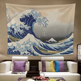Japanese Kanagawa Waves Printed Hanging Tapestry Whale Arowana Snake Totem Wall Hanging Tapestries Boho Bedspread Blanket 210609