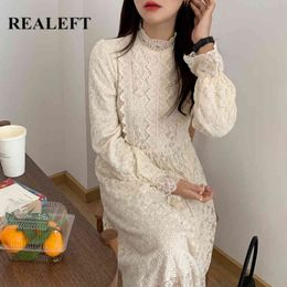 Women Embroidery Lace Dress Elegant Korean Style Long Sleeve Natural Waist Vintage Dresses Female 210428