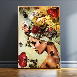 Profile Woman Floral Art Posters and Prints Abstract Characters Graffiti Art Murals Art Pictures on Canvas Home Decor