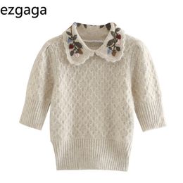 Ezgaga Embroidery Floral Turn-Down Collar Sweater Women Three Quarter Sleeve Pullover Autumn Fashion Knit Tops Sweet Jumper 210430