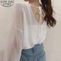 Spring and Summer Knitted Shirt Ice Silk Blouse Back V-neck Hollow Lace-up Trumpet Sleeve Sunscreen Thin Sweater 14802 210527