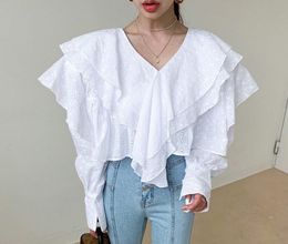 High Quality Embroidery Flower Hollow Out Cotton Shirt and Blouse Women Long Sleeve V-Neck Ruffles Draped Pullover 210514