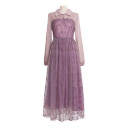 Violet Dress Lavender Mesh Maxi Long Ball Gown Sleeve Women Elegant Turn Down Collar D1230 210514