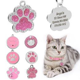 pink kitten collar Canada - Cat Costumes Custom ID Tag Personalized Name Pendant Collar Engraved Cats Kitten Plate Accessories Round Glitter Pink