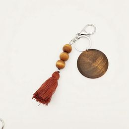 Wood bead keychains can print round and cotton tassel pendant keychain Wooden beaded key ring Party Favor Q81