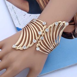 Lzhlq Fashion Feather Rhinestone Bangles for Women 2020 Brand Jewellery Geometric Hollow Wide Metal Plating Cuff Bangle Q0719