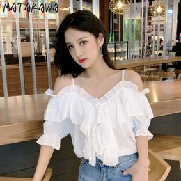 MATAKAWA Slash Neck Strapless Blouse Women Top Summer Fashion Flare Sleeve Blusas Short-sleeved Ruffled Chiffon Shirt 210513