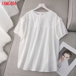 Tangada Women Retro Embroidery Romantic Cotton Blouse Shirt Short Sleeve Chic Female Shirt Tops ZE05 210609