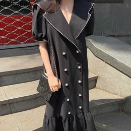 Korejpaa Women Dress Summer Korean Chic French Lapel Trim Contrast Colour Double-Breasted Design Puff Sleeve Ruffle Vestidos 210526