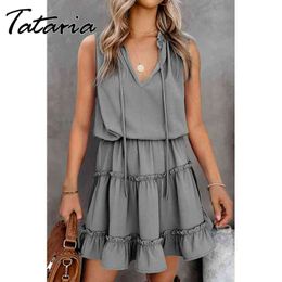 Sleeveless Dress for Women Summer Robe Elegant es Ladies Ruffle Neck Simplicity Solid Grey Splicing Mini Vestido 210514