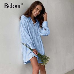 Bclout White Blue V Neck Long Sleeve Shirt Dress Woman Sexy Mini A-Line Dresses Female Lace Up Hollow Out Casual Short Robe 210709