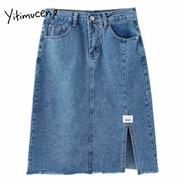 Yitimuceng Side Split Skirt Women Pockets Button Up Mini High Waist A-Line Solid Spring Summer Korean Fashion Skirts 210601