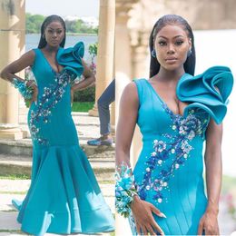 Plus Size Blue Mermaid Prom Dress Deep V Neck Tiered Ruffles Flower Appliques Sequins Dresses African Black Girls Evening Gala Gowns