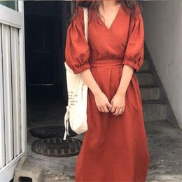 Casual Dresses 2021 Summer Loose High Waist Red Sexy V Neck Fashion Womens Linen Girl Female Simple Korea Dress E113