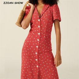 France Fitted Vestidos Centre Buttons Slit Flower Midi Dress Vintage Lapel Floral Print Short Sleeve Summer 210429