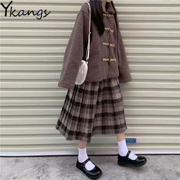 Woman Winter Japanese 2pcs set Faux Fur Teddy Coat+Wool Plaid pleated skirt autumn Harajuku Korean cute Loose Jacket ropa mujer 210619