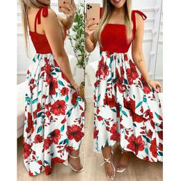 Women Elegant Sleeveless Long Dress Female Boho Floral Print Summer Casual spaghetti strap Maxi Dress 210716