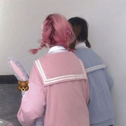QWEEK Kawaii Zip Up Hoodie Sailor Collar Sweatshirt Japan Style Long Sleeve Cute Tops for Teens JK Pink Navy Soft Girl Kpop 211023