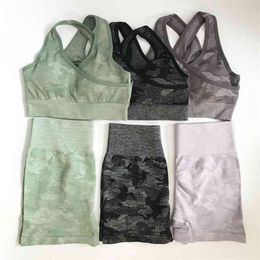 2PCS Camo Yoga Set Sports Wear For Women Gym Fitness Clothing Booty Shorts Running High Waist + Bra GYM Suit 210802