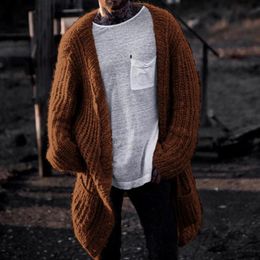 Pockets Men Autumn Winter Knitted Sweater Coat Long Cardigan Open Stitch Jacket Oversized Tricot Ribbed Men's Sweaters