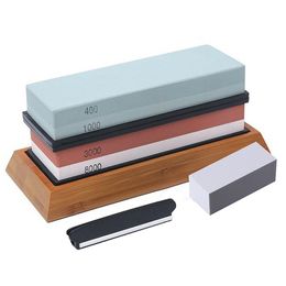Sharpener Stone Set 2 in 1 Knife Sharpening Grinding Whetstone with Bamboo Base Guide 400/1000 3000/8000 Grit Kitchen Tool 210615