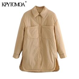 KPYTOMOA Women Fashion With Pockets Padded Thin Jacket Coat Vintage Long Sleeve Side Vents Female Outerwear Chic Overshirt 210819
